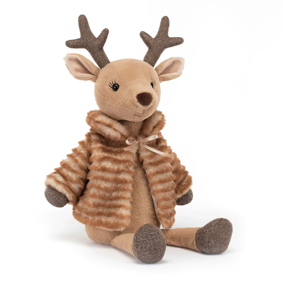 Festive Plush Reindeer in Striped Jacket – Soft Stuffed Christmas Toy for Children