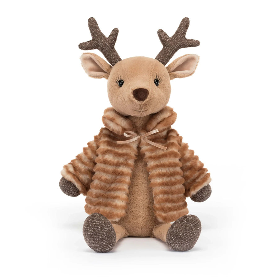 Festive Plush Reindeer in Striped Jacket – Soft Stuffed Christmas Toy for Children