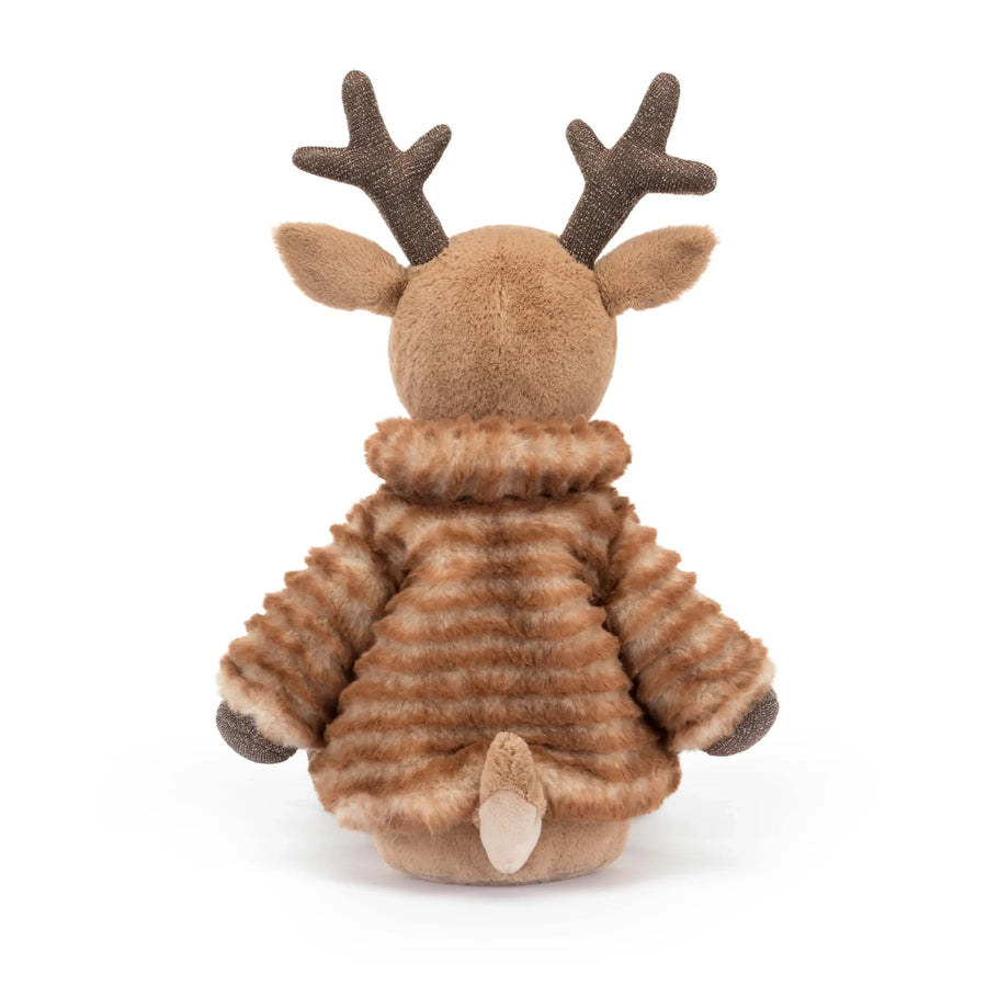 Festive Plush Reindeer in Striped Jacket – Soft Stuffed Christmas Toy for Children